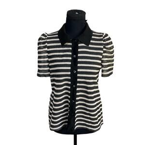Modern Works Black Tan Stripe Button Front Knit Top Short Sleeve Size M